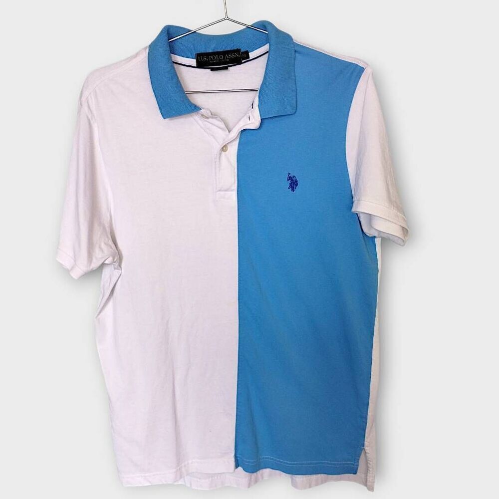 US Polo Assn Tee Sz M‎ White Sky Blue Colorblock Cotton Short Sleeve Sportswear